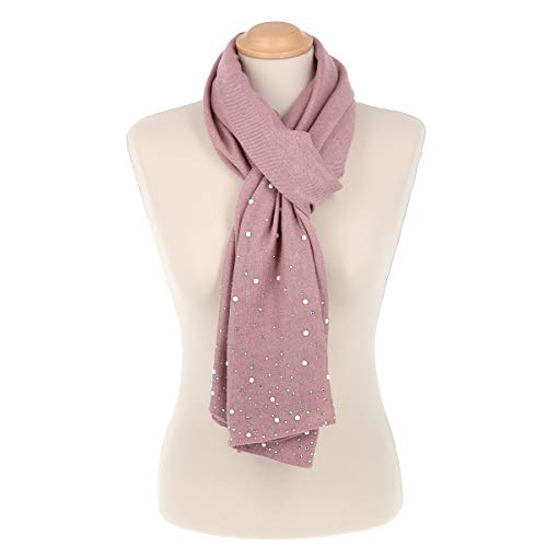 moonbow Pañuelo Mujer Perlas y Pedrería Suave 100% Algodón Rosa viejo - Maxi Bufanda Larga y Rectangular 190cm x 70cm - Foulard Original Colorido y Brillo Moderno - Fular Estola Matrimonio