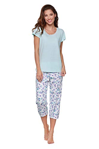 Moonline - Pijama capri para mujer, de algodón suave, varios modelos verde menta Large