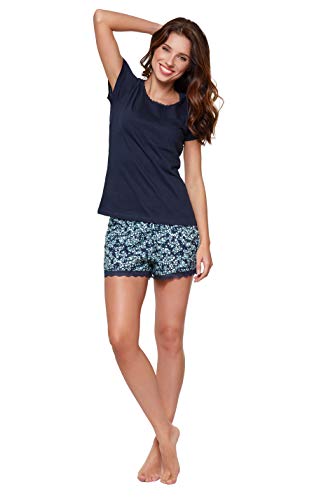 Moonline - Pijama corto de algodón suave para mujer azul marino Large