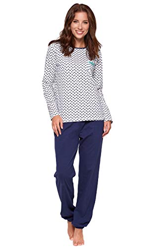 Moonline - Pijama corto de algodón suave para mujer Blanco y azul marino. 42-44