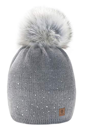 Morefaz - Gorro de invierno de forro polar para mujer con cristales y pompón multicolor Gris M/L