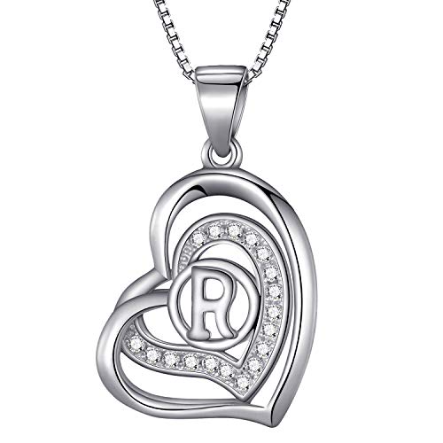 Morella Collar de Mujer con Colgante corazón-Letra R de 925 Plata rodiada con Piedras de circonita de Color Blanco 46cm