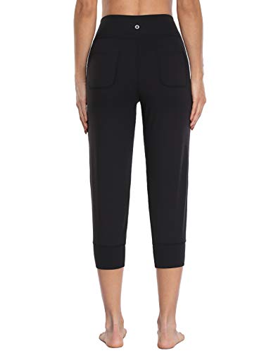 MOVE BEYOND Pantalones Piratas Capris de Deporte para Mujer con 4 Bolsillos Cintura Alta Jogger de Gimnasia Yoga, Negro, L