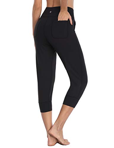 MOVE BEYOND Pantalones Piratas Capris de Deporte para Mujer con 4 Bolsillos Cintura Alta Jogger de Gimnasia Yoga, Negro, L