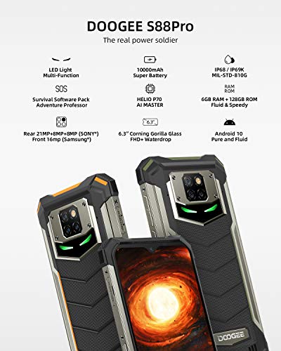 Móvil Libre, DOOGEE S88 Pro Batería 10000mAh Smartphone 4G, 6GB + 128GB con Cámara Triples 21MP+Cámara Frontal 16MP, 6.3 FHD+Pulgada IP68/IP69K Móvil Resistente Android 10, LED/NFC/GPS, Negro