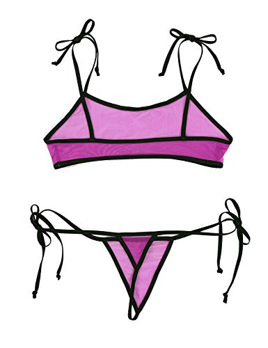 MSemis Micro Bikini Transparente para Mujer Lencería Top de Malla Tanga de Tiras Bikini Push Up Sexy Ropa Erótica Noche Traje de Baño Vacaciones Playa Rosa Negro Talla Única