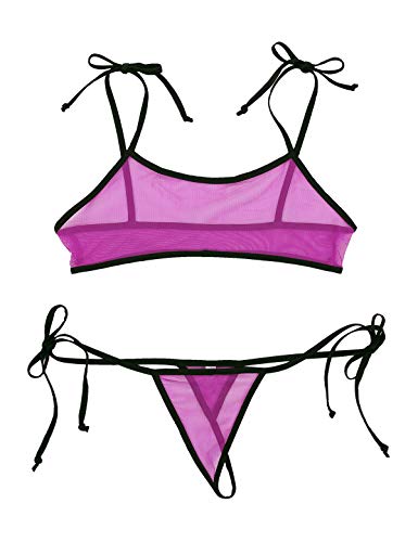 MSemis Micro Bikini Transparente para Mujer Lencería Top de Malla Tanga de Tiras Bikini Push Up Sexy Ropa Erótica Noche Traje de Baño Vacaciones Playa Rosa Negro Talla Única