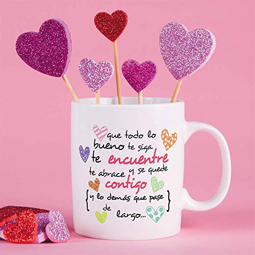 MUGFFINS Taza Original de Desayuno para Regalar a Amigas Amigos y Seres Queridos - Que Todo lo Bueno te SIGA te encuentre y te abrace - 350 ml - Tazas con Frases motivacionales