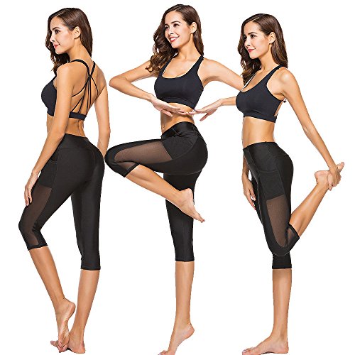 Mujer 3/4 Leggins Fitness Yoga Mallas Cintura Alta Mesh Pantalone Deportive con Bolsillos Push Up Leggings para Gym Workout Correr Jogging S Dear-XiaoBao