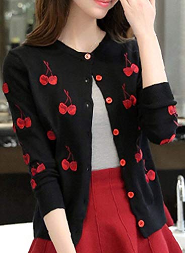 Mujer Abrigos Elegante Hipster Ropa Camisas Otoño Invierno Cereza Bordados Botón Cuello Redondo Manga Larga Jerseys Lana Señora Casual Tejer Arriba Top (Color : Negro, Size : M)