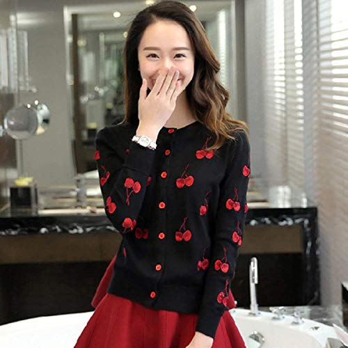 Mujer Abrigos Elegante Hipster Ropa Camisas Otoño Invierno Cereza Bordados Botón Cuello Redondo Manga Larga Jerseys Lana Señora Casual Tejer Arriba Top (Color : Negro, Size : M)