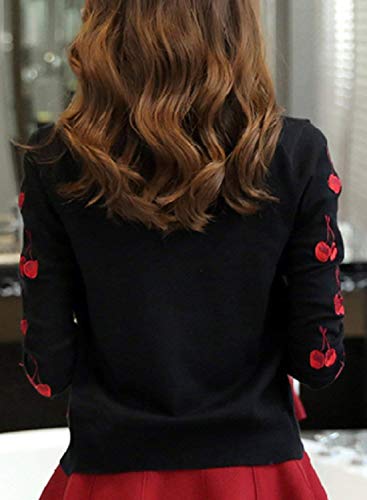 Mujer Abrigos Elegante Hipster Ropa Camisas Otoño Invierno Cereza Bordados Botón Cuello Redondo Manga Larga Jerseys Lana Señora Casual Tejer Arriba Top (Color : Negro, Size : M)