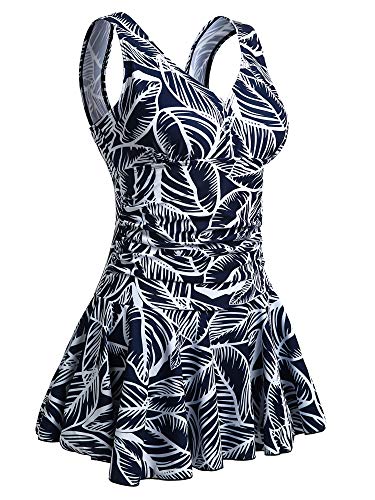 Mujer Bañador con Falda Traje de Baño de Una Pieza de Talla Grande Impresión Elegante Sexy Push Up Monokini Hoja de Azul Oscuro Medium 40-42 EU