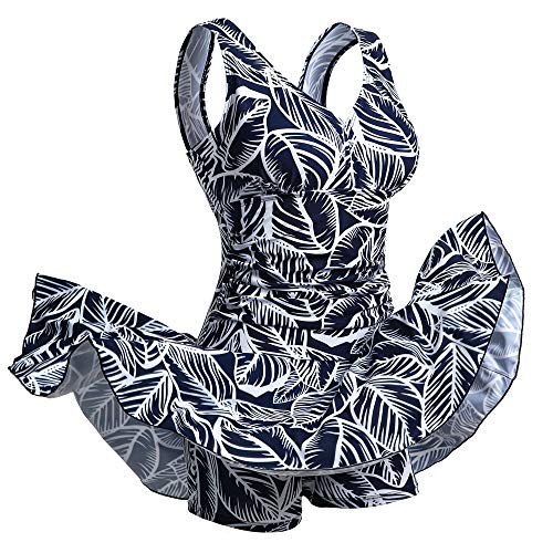 Mujer Bañador con Falda Traje de Baño de Una Pieza de Talla Grande Impresión Elegante Sexy Push Up Monokini Hoja de Azul Oscuro Medium 40-42 EU