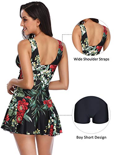 Mujer Bañador con Falda Traje de Baño de Una Pieza de Talla Grande Impresión Elegante Sexy Push Up Monokini Negro/Flor Large 42-44 EU