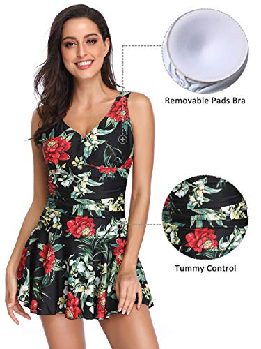 Mujer Bañador con Falda Traje de Baño de Una Pieza de Talla Grande Impresión Elegante Sexy Push Up Monokini Negro/Flor Large 42-44 EU