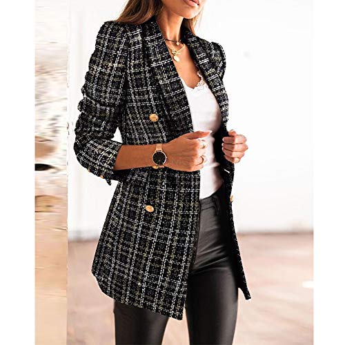Mujer Blazer con Solapa de Doble Botonadura,Chaquetas de Traje a Cuadros Moda de Primavera y Otoño,Slim Fit Traje Corto de Manga Larga,Tops de Oficina de Trabajo,Elegante Abrigo Cárdigan Negro L