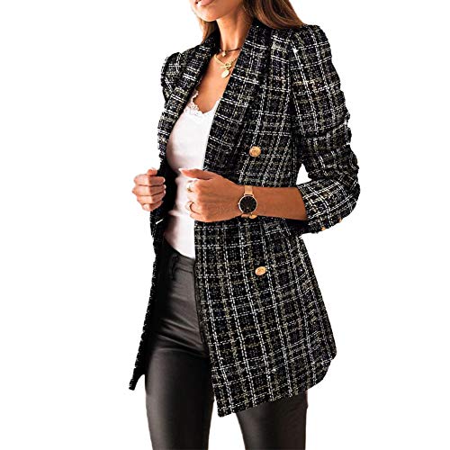 Mujer Blazer con Solapa de Doble Botonadura,Chaquetas de Traje a Cuadros Moda de Primavera y Otoño,Slim Fit Traje Corto de Manga Larga,Tops de Oficina de Trabajo,Elegante Abrigo Cárdigan Negro L