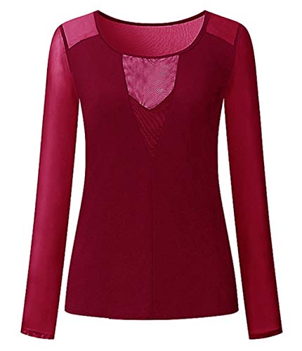 Mujer Blusa de Malla Transparente Sexy Deep V Low Cut Camisas de Manga Larga Ajustado Costura Camisetas y Tops