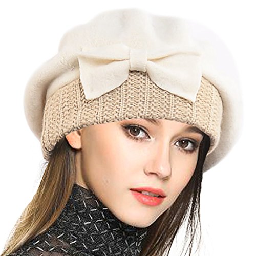 Mujer Boina 100% Lana Vestido Beanie Invierno Sombrero (Crema)