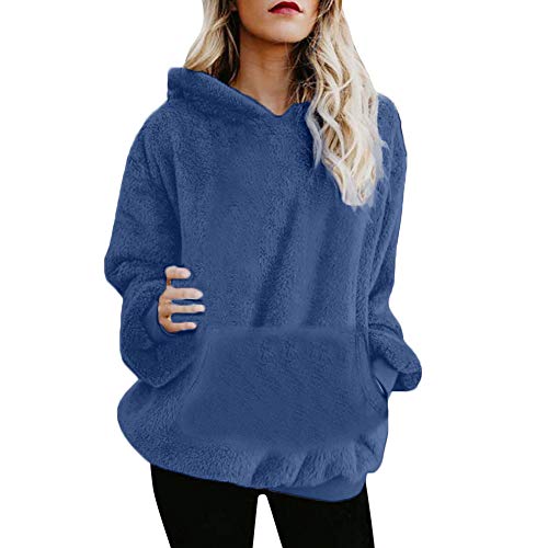 Mujer Caliente y Esponjoso Tops Chaqueta Suéter Abrigo Jersey Mujer Otoño-Invierno Talla Grande Hoodie Sudadera con Capucha riou (Azul Oscuro, S)