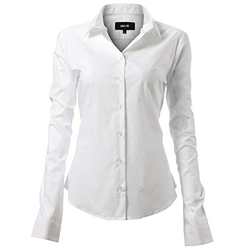 Mujer Camisa Básica de Algodón - Camisa Blusa Casual de Algodón de Manga Larga Informal con Cierre de Botón Delgado Formal, Ideal para Oficina/Trabajo/Entrevista (EU34, Blanco)