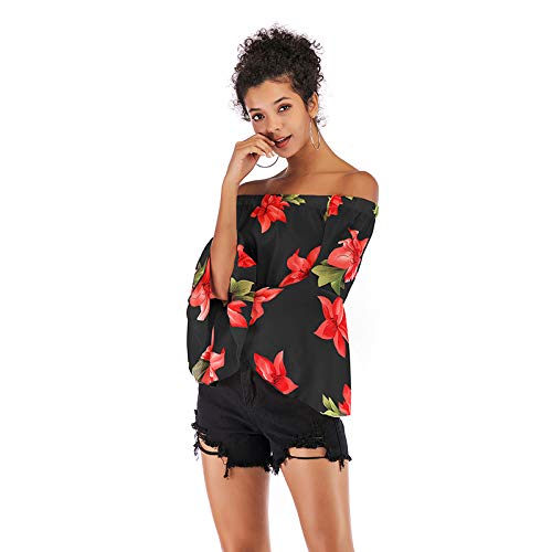 Mujer Camisetas Sin Shoulder Estilo Floreadas Simple Descubierta Espalda Top s Primavera Verano Hipster Barco Cuello Camicia Blusas Manga Larga Casual Chiffon (Color : Negro, Size : L)