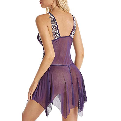 Mujer Camisón Conjunto de Lencería Halter Abierto Posterior Encaje Tul Babydoll Tanga de Encaje con Cuello en v camisón Sexy Tanga de Encaje de Corte bajo riou