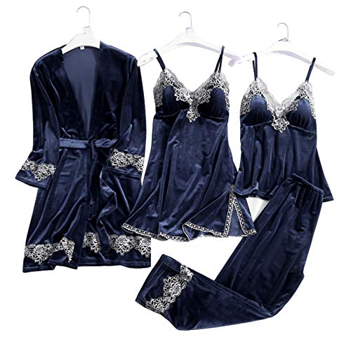 Mujer Camisones Conjunto de Pijama de Encaje Sexy Elegante Ropa de Interior Dormir Pijamas para Mujer Familias para Todas Las Estaciones Camisones (Azul Oscuro 2, M)
