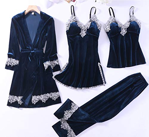 Mujer Camisones Conjunto de Pijama de Encaje Sexy Elegante Ropa de Interior Dormir Pijamas para Mujer Familias para Todas Las Estaciones Camisones (Azul Oscuro 2, XL)