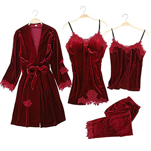 Mujer Camisones Conjunto de Pijama de Encaje Sexy Elegante Ropa de Interior Dormir Pijamas para Mujer Familias para Todas Las Estaciones Camisones (Rojo Oscuro, L)