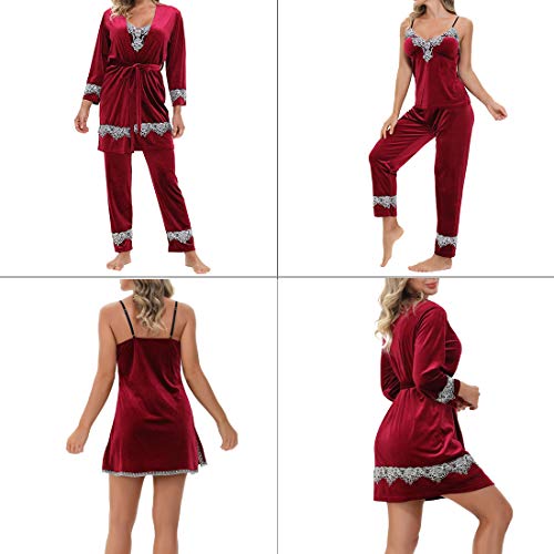 Mujer Camisones Conjunto de Pijama de Encaje Sexy Elegante Ropa de Interior Dormir Pijamas para Mujer Familias para Todas Las Estaciones Camisones (Rojo Oscuro 2, L)