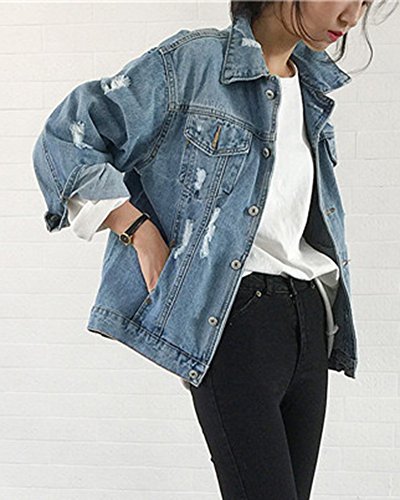 Mujer Casual Frayed Chaqueta con Bolsillos De Manga Larga Cazadora Vaquera M