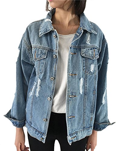 Mujer Casual Frayed Chaqueta con Bolsillos De Manga Larga Cazadora Vaquera M