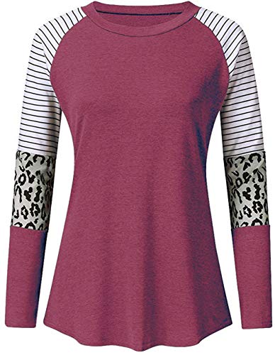 Mujer Casual Suelto Jersey Suéter Pullover Camiseta a Rayas Sudadera con Manga Larga Jerséis T-Shirt tee Túnica Tops Rojo púrpura M