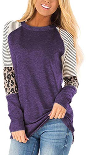 Mujer Casual Suelto Jersey Suéter Pullover Camiseta a Rayas Sudadera con Manga Larga Jerséis T-Shirt tee Túnica Tops Viola XXL