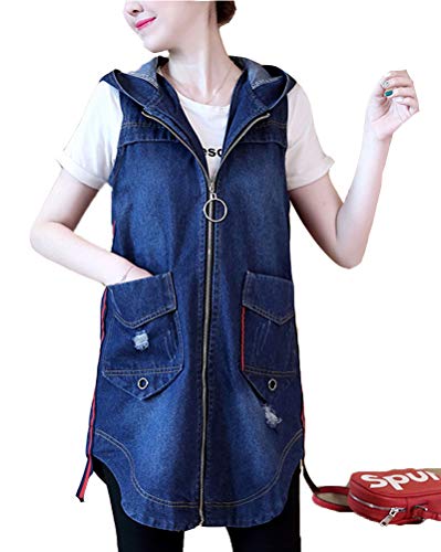 Mujer Chaleco de Mezclilla Denim Jacket Suelto Sin Mangas Chaqueta Jeans Larga Cárdigan Azul L