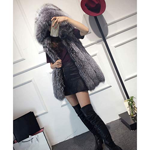 Mujer Chaleco Piel Sintética con 2 Bolsillos De Costuras Laterales Ropa De Abrigo Gruesa Abrigos con Capucha Zorro Plata S