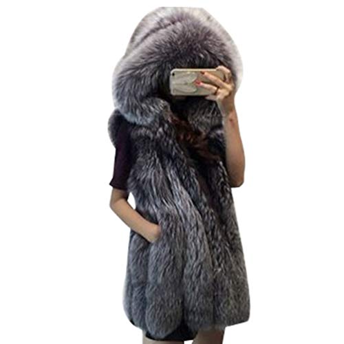 Mujer Chaleco Piel Sintética con 2 Bolsillos De Costuras Laterales Ropa De Abrigo Gruesa Abrigos con Capucha Zorro Plata S