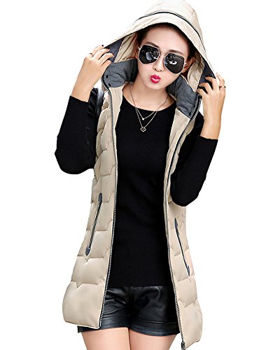 Mujer Chaleco Sin Mangas Abrigos con Capucha Pluma Acolchado de Invierno Beige M