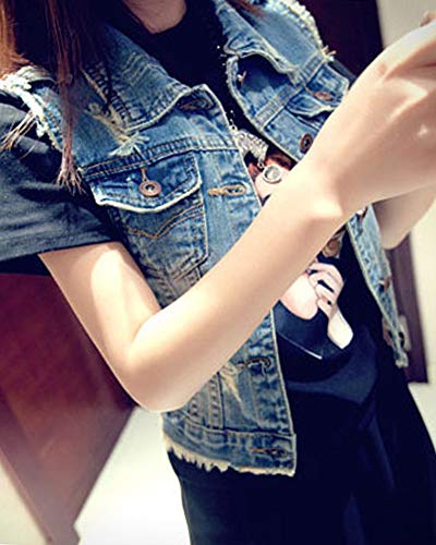 Mujer Chaleco Vaquero Elegante Solapa Arrancado Sin Mangas Botón Chaqueta Azul XL