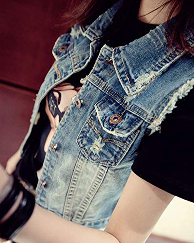 Mujer Chaleco Vaquero Elegante Solapa Arrancado Sin Mangas Botón Chaqueta Azul XL