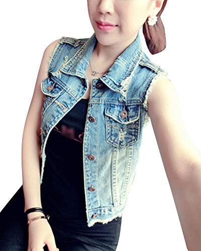 Mujer Chaleco Vaquero Elegante Solapa Arrancado Sin Mangas Botón Chaqueta Azul XL