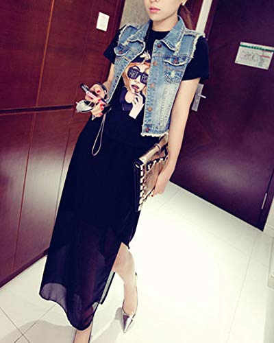 Mujer Chaleco Vaquero Elegante Solapa Arrancado Sin Mangas Botón Chaqueta Azul XL