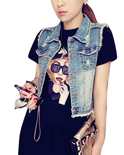 Mujer Chaleco Vaquero Ribete Sin Mangas con Bolsillos Párrafo Corto Lavado Slim Fit De Solapa para Señoras Azul Marino L