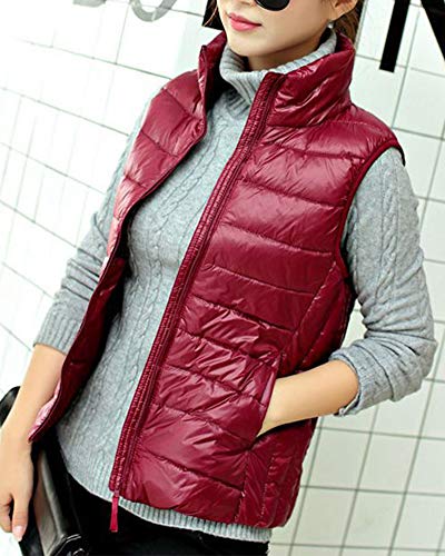 Mujer Collar de pie Chaleco Portátil de Plumón Ligero Acolchado Invierno Cálido Sin Mangas Abajo Chaqueta XXL Vino Rojo