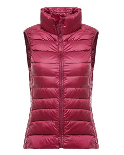 Mujer Collar de pie Chaleco Portátil de Plumón Ligero Acolchado Invierno Cálido Sin Mangas Abajo Chaqueta XXL Vino Rojo