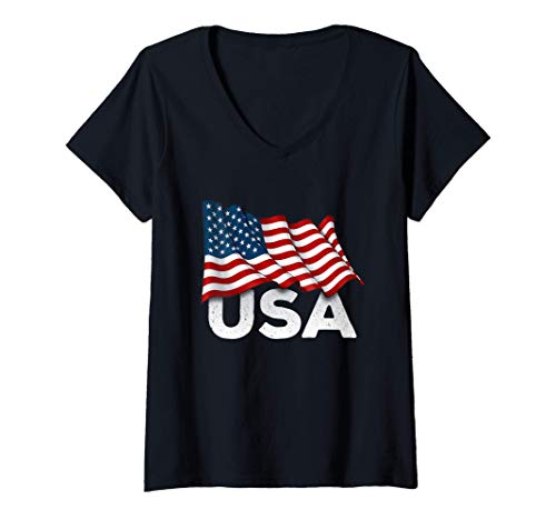 Mujer Cool USA Bandera Estados Unidos América Camiseta Cuello V