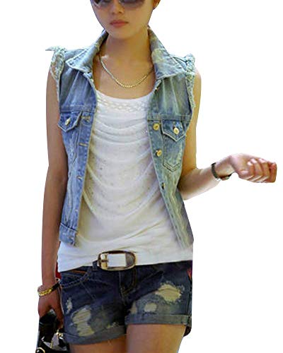 Mujer Corto Casual Solapa Chaleco Vaquero Sin Manga Chaqueta Vaquera Azul 2XL
