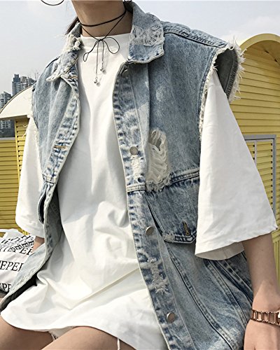 Mujer Elegante Chaleco Vaquero Sin Mangas Rotos Rasgados Boyfriend Oversize Cazadoras Chaqueta Vaquera Azul Claro Talla única